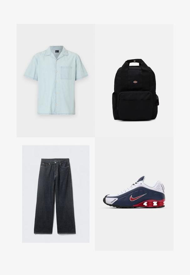 Camicia azzurra a maniche corte in tessuto leggero, con colletto classico, bottoni frontali e taschino sul lato sinistro del petto.; Maglietta a maniche lunghe bianca in cotone. Presenta un piccolo logo rotondo multicolore sul petto. Design semplice con polsini a costine.; Jeans a gamba larga in denim scuro con vita alta, caratterizzati da rivetti in tonalità rame e cuciture a contrasto, texture liscia e senza motivi visibili.; Scarpa sportiva bianca e blu navy con accenti rossi, pannelli in rete, collo imbottito e design distintivo della suola con unità di imbottitura visibili.; Zaino nero realizzato in tessuto resistente, dotato di due spallacci, una maniglia superiore e una tasca frontale con zip. Logo sul davanti.