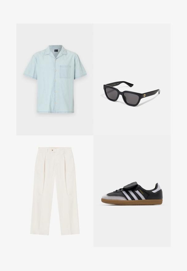 Helles blaues kurzärmliges Hemd aus leichtem Stoff, mit einem klassischen Kragen, Knöpfen vorne und einer linken Brusttasche.; Weiße, weite Hosen mit Falten an der Vorderseite, einem einzelnen Knopfverschluss und Seitentaschen. Glatte Textur und maßgeschneiderter Schnitt.; Schwarze Leder- und graue Wildleder-Sneaker mit weißen Streifen, Gummisohle, Schnürung vorne und Klettverschluss. Mit "Samba"-Markenlogo in Gold.; Schwarze rechteckige Sonnenbrille mit glänzender Oberfläche, dunklen Gläsern und goldenen Akzenten am Bügel, die das Logo zeigen.