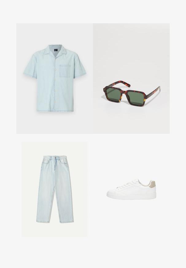 Helles blaues kurzärmliges Hemd aus leichtem Stoff, mit einem klassischen Kragen, Knöpfen vorne und einer linken Brusttasche.; Helle blaue Denim-Jeans mit lässiger Passform, geradem Beindesign, Fünf-Taschen-Stil und dezentem Verblassen des Stoffes.; Weiße Sneakers mit einem glatten Leder-Obermaterial und runder Zehenpartie. Merkmale sind eine sandfarbene Suede-Fersenpartie, flache Schnürsenkel und eine weiße Gummisohle.; Schildpatt-Sonnenbrille mit quadratischen Rahmen, grün getönten Gläsern und kontrastierenden orangen Akzenten entlang der Ränder der Bügel.