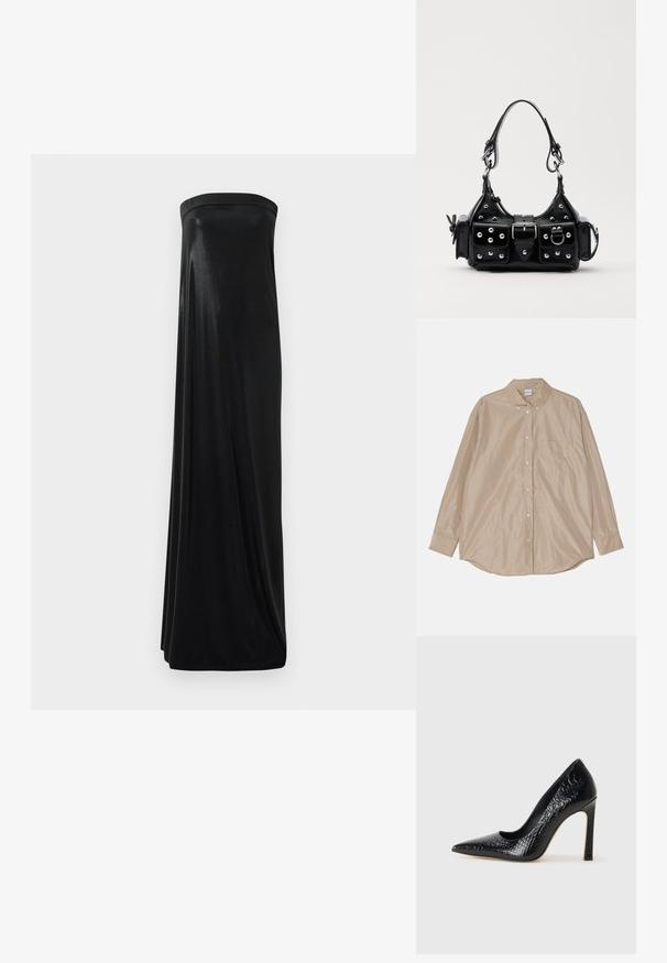 Camicetta beige a maniche lunghe con bottoni, dotata di colletto, tasca sul petto e tessuto liscio, leggermente lucido. Orlo arrotondato e bottoni visibili.; Abito maxi nero senza maniche realizzato in tessuto liscio e lucido. Presenta un corpetto aderente e una silhouette fluida, che arriva fino al pavimento senza decorazioni.; Scarpa nera con punta a punta alta in pelle di coccodrillo, caratterizzata da un design elegante, alto tacco a spillo e interno nero liscio.; Borsa a mano in pelle nera con design curvo, caratterizzata da borchie argentate, una fibbia e due tasche laterali. Tracolla regolabile per diverse opzioni di trasporto.