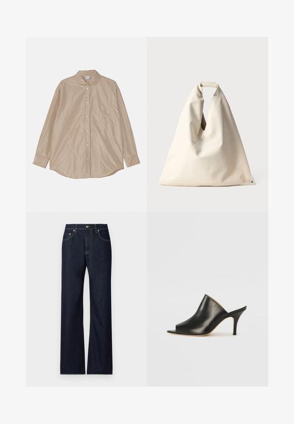 Beige long-sleeve button-up shirt, featuring a collar, single chest pocket, and smooth, slightly shiny fabric. Round hem and buttons visible.; Dark blue denim jeans with a straight-leg design, featuring five pockets, contrasting yellow stitching, and a metal button closure.; Black leather open-toe mule with a sleek, curved design, high stiletto heel, and smooth texture. The interior features a contrasting light color.; Beige, soft-textured bag with a unique twisted handle and diagonal seam detail. Minimalist design with a round accent at the base.