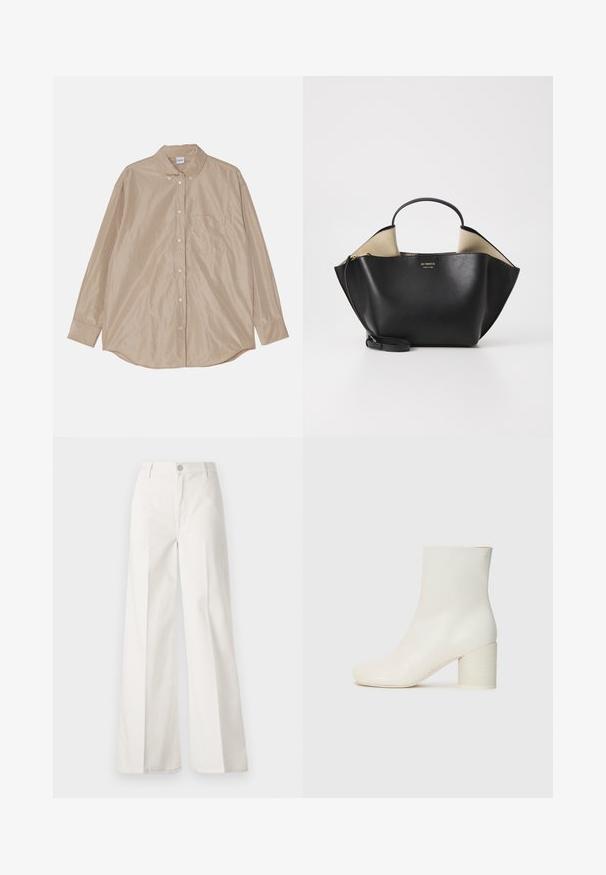 Beige långärmad skjorta med krage, en bröstficka och ett slätt, något glänsande tyg. Rund nederkant och synliga knappar.; Vita vida-byxor gjorda av bomull med en slät textur. Har en framknapp, gylf med dragkedja och fyra fickor.; Vit läderankelboot med rund tå och kraftig cylindrisk klack. Slät textur, minimal design, inga synliga detaljer eller mönster.; Ree Projects ANN TOTE MINI - Handväska - black