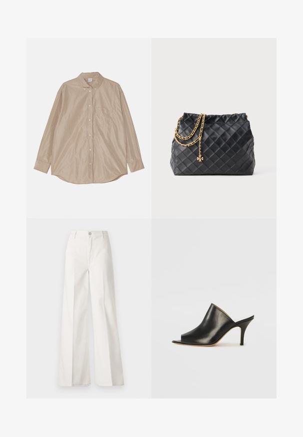 Camicetta beige a maniche lunghe con bottoni, dotata di colletto, tasca sul petto e tessuto liscio, leggermente lucido. Orlo arrotondato e bottoni visibili.; Pantaloni bianchi a gamba larga realizzati in cotone con una texture liscia. Presentano un bottone anteriore, una zip e un design a quattro tasche.; Mule aperto in pelle nera con un design elegante e curvo, tacco a stiletto alto e superficie liscia. L'interno presenta un colore chiaro a contrasto.; Borsa a tracolla in pelle trapuntata nera con una catena decorativa. Texture morbida, forma strutturata e silhouette morbida.
