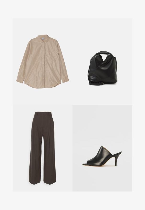 Beige Langarm-Hemd mit Knöpfen, featuring einen Kragen, einer Brusttasche und glattem, leicht glänzendem Stoff. Runde Säume und sichtbare Knöpfe.; Dunkelbraune weite Hose mit hoher Taille, die über sorgfältig gebügelte Falten, eine glatte Textur und eine taillierte Passform verfügt.; Schwarze Leder- offene Zehen-Mules mit einem eleganten, geschwungenen Design, hohem Stiletto-Absatz und glatter Textur. Das Innere weist eine kontrastierende hellere Farbe auf.; Schwarze, weiche Ledertasche mit einem einzigartigen verdrehten Design. Hat einen kurzen Griff und einen abnehmbaren Schultergurt. Minimalistischer Stil.