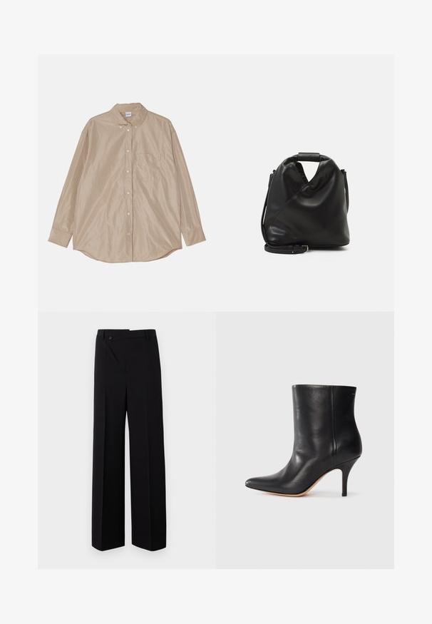 Beige košile s dlouhým rukávem na knoflíky, se límcem, jednou náprsní kapsou a hladkým, mírně lesklým materiálem. Kulatý lem a viditelné knoflíky.; Černé široké kalhoty s plochým předním dílem, zapínáním na knoflík a hladkým textilním povrchem. Mají rovný střih a ostré linie.; Černá kožená kotníková bota s špičatou špičkou, štíhlým jehlovým podpatkem a hladkým povrchem. Minimalistický design bez viditelného hardwaru nebo akcentů.; Černá, měkká kožená taška s unikátním zkrouceným designem. Obsahuje krátkou rukojeť a odnímatelný ramenní popruh. Minimalistický styl.; Černá, měkká kožená taška s unikátním zkrouceným designem. Obsahuje krátkou rukojeť a odnímatelný ramenní popruh. Minimalistický styl.
