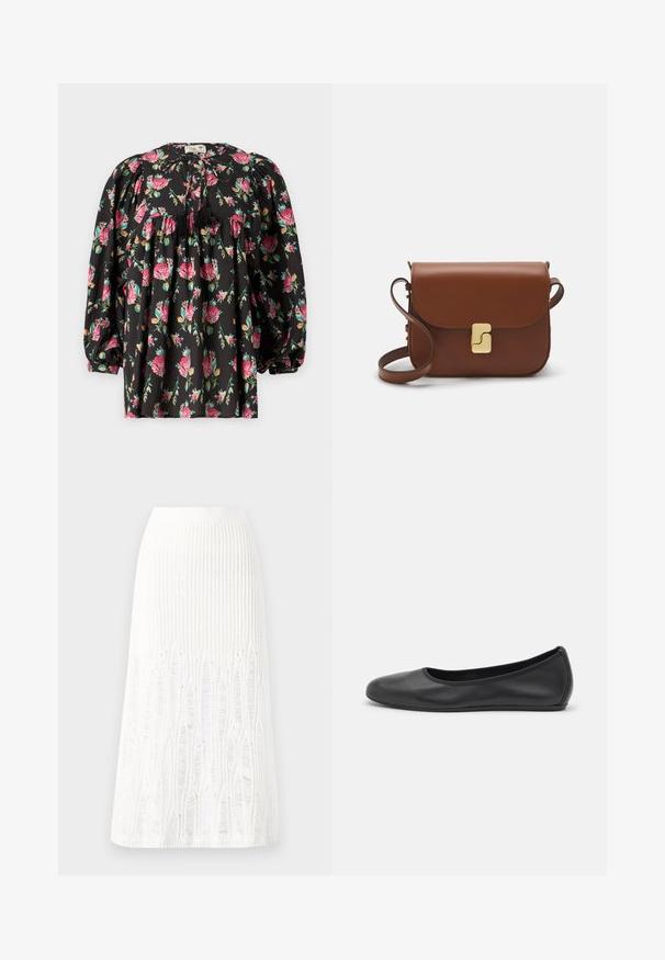 Sort bluse med blomsterprint i pink og grøn. Har pufærmer, en samlede liv og et bånd med frynser ved halsen.; Hvid kortærmet t-shirt lavet af ribbet stof. Rund halsudskæring, almindelig pasform og subtile syninger. Ingen mønstre eller grafik.; Strikket hvid midi-nederdel med et tekstureret mønster med vertikale linjer og udskæringer nær kanten. Elastisk talje. Blødt materiale.; Sort læderballetsko med rund tå, glat tekstur, minimal syning og et fleksibelt såldesign.; Brun læder håndtaske med flaplukning, hardware i gyldent tone, en skulderrem og en glat overflade. Kompakt rektangulær form.
