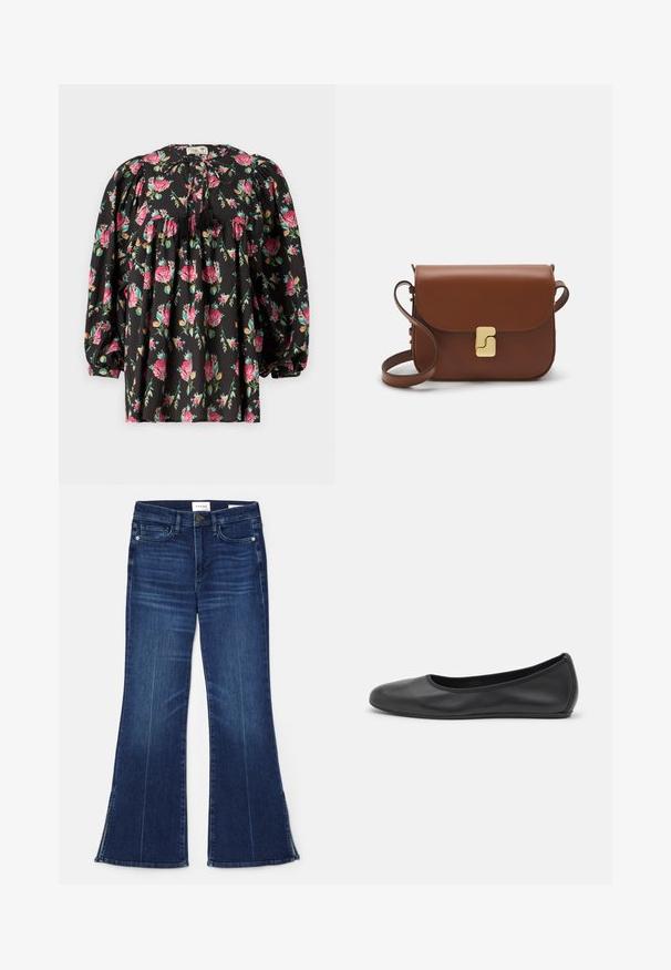 Black blouse with floral pattern in pink and green. Features puffed sleeves, a gathered bodice, and a tie with tassels at the neckline.; Dark blue flared jeans made from denim. Features a high waist, front pockets, and slit details at the hem. Classic five-pocket design.; Black leather ballet flat with a rounded toe, smooth texture, minimal stitching detail, and a flexible sole design.; Brown leather handbag with a flap closure, gold-tone hardware, a shoulder strap, and a smooth texture. Compact rectangular shape.
