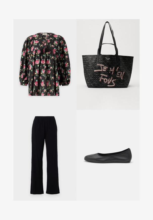 Fekete blúz virágmintával rózsaszín és zöld árnyalatokban. Puffos ujjak jellemzik, redőzött kivágással és bojtokkal díszített nyakkivágással.; Fekete, könnyű, rugalmas derekú nadrág egyenes szabással. Puha tapintású, látható minták vagy díszítések nélkül. Egyszerű és sokoldalú stílus.; Fekete bőr balettcipő lekerekített orral, sima tekstúrával, minimális varrással és rugalmas talp kialakítással.; Fekete vászontáska struktúrált anyagból, gyémántmintázattal, vállpántokkal és merész piros-fehér felirattal, ami azt mondja: "JE M'EN FOUS."
