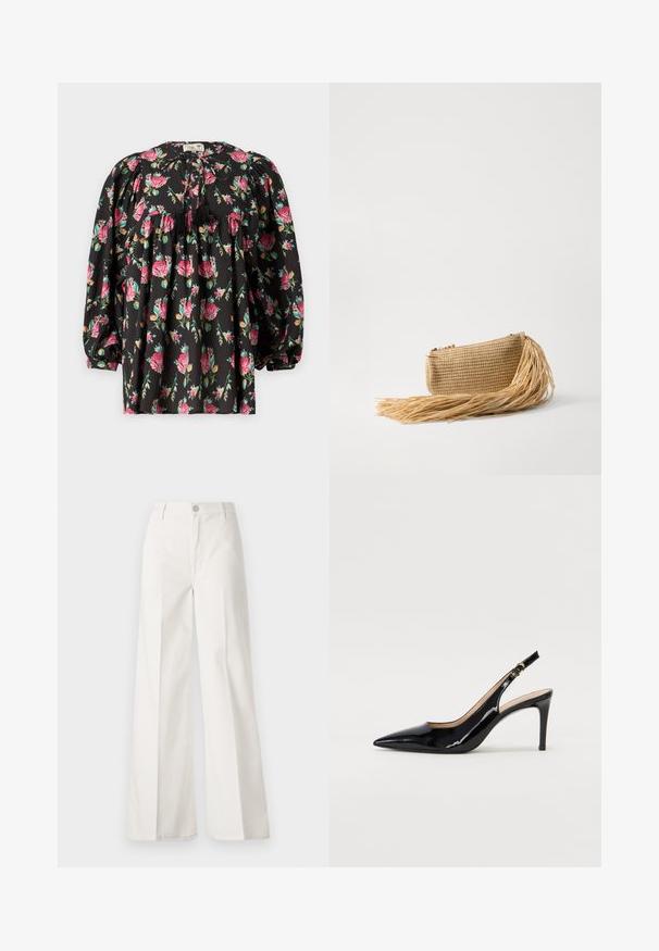 Bluză neagră cu un model floral în nuanțe de roz și verde. Prezintă mâneci bufante, un decolteu strâns și un șnur cu ciucuri la gât.; Pantaloni albi cu picioare largi, confecționați din bumbac cu o textură fină. Prezintă un buton în față, fermoar și un design cu patru buzunare.; Pantofi slingback din piele patent neagră, cu vârful ascuțit, tocul subțire și un design discret cu decupaj. Se evidențiază printr-un cataramă aurie pe curea.; Cult Gaia VIERA - Geantă plic - natural
