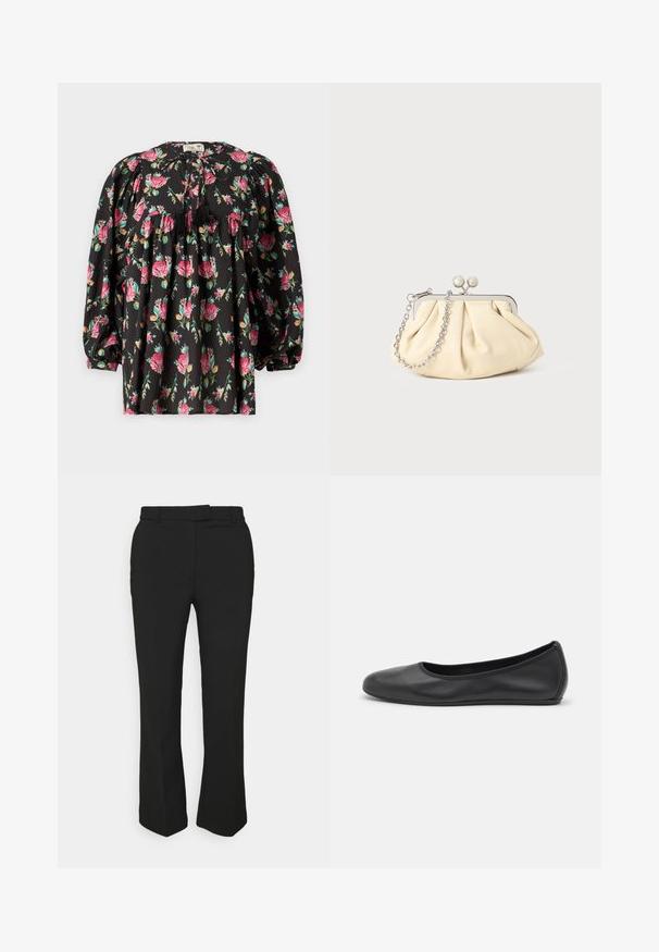 Črna bluzica s cvetličnim vzorcem v roza in zeleni barvi. Ima naborke na rokavih, nabrano telo in zanko z resicami pri izrezu.; Črne krojene hlače s ravnim krojem, z nožicami za pas in stranskimi žepi. Narejene iz gladkega materiala z čistim zaključkom.; Črne usnjene balerinke z zaobljenim nosom, gladko teksturo, minimalnimi šivi in fleksibilno zasnovo podplata.; Zavihani bež usnjeni nahrbtnik s srebrnim kovinskim okvirom, ki ima dve okrogli okrasni zaponki in srebrno verižico.