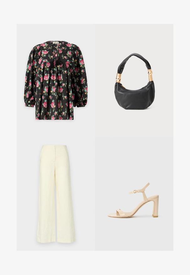 Svart blus med blommönster i rosa och grönt. Har puffärmar, en smockad bodice och ett band med tofsar vid halsringningen.; Faithfull the brand LULEA PANT - Tygbyxor - white; Beige högklackad sandal med ankle strap och gyllene spänne, öppen tå och blockklack på vit bakgrund.; Svart läderhandväska med rund form, mjuk textur och ett knuthandtag med detaljer i guldfärg. Dragkedjestängning.