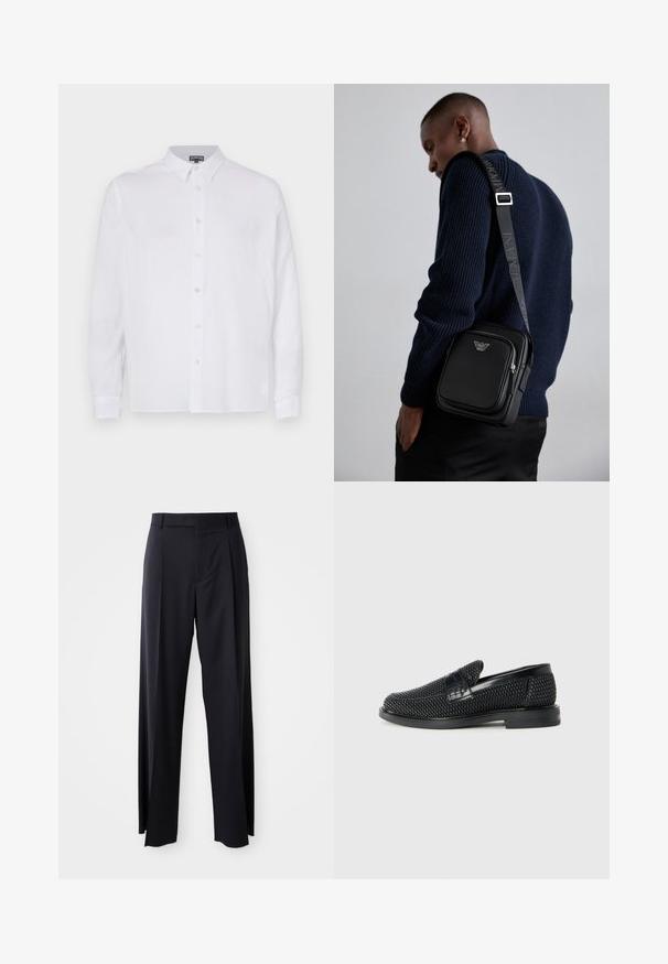 Witte lange mouwen overhemd met knopen van linnen stof, met een kraag, voorzien van een rechte snit en zichtbare knopen aan de voorkant.; Zwarte, hooggewaisted broeken met een brede pijp, gemaakt van een gladde stof. Voorzien van voorkanten met plooien en riemlussen. Minimalistisch ontwerp, geen zichtbare hardware.; Zwartegeweven instap schoenen met een glad leren accent aan de bovenkant, een ronde neusontwerp en een laag profiel rubberen zool.; Zwarteleren schoudertas met een ritscompartiment, logo-detail en een verstelbare band met merk. Draag gezien tegen een gestructureerde marineblauwe trui.