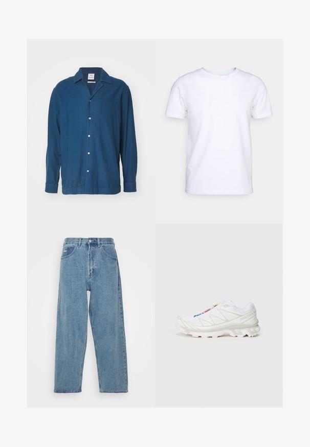 Won Hundred ENZO OVERDYE - Skjorter - reflecting pond; Hvid kortærmet t-shirt i bomuldsstof med rund halsudskæring. Enkel design uden mønstre eller detaljer. Glat tekstur.; Lyseblå denim jeans med høj talje og afslappet pasform, der har to forlommer, en baglomme og knaplukning.; Hvid sportssko med tekstureret mesh-overdel, reflekterende detaljer og en polstret sål. Bemærkelsesværdigt mærke-logo på siden.