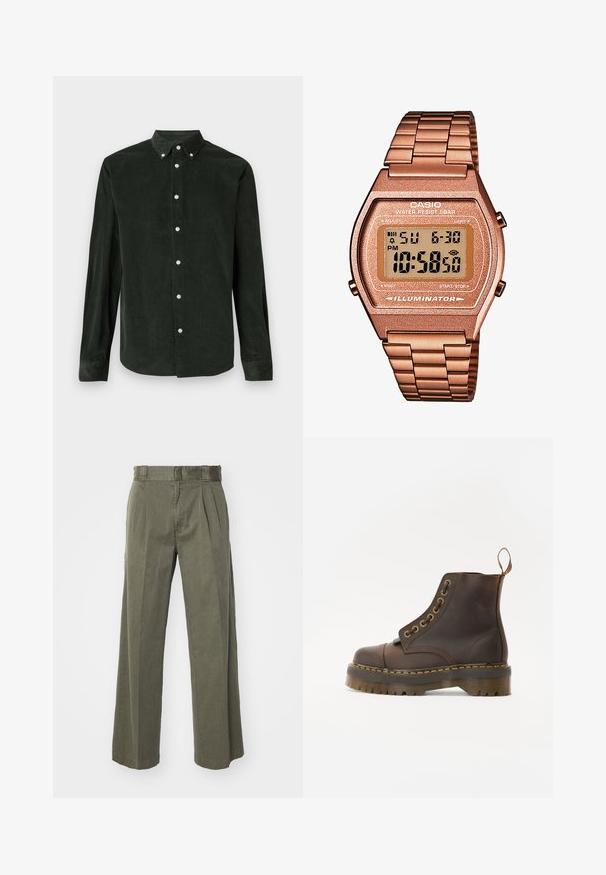 Camicia a maniche lunghe in corduroy verde scuro con colletto a bottoni su uno sfondo bianco.; Pantaloni verde oliva con un design ampio e svasato, dotati di pieghe frontali. Realizzati in tessuto strutturato, con una vita standard e senza elementi di fissaggio visibili.; Stivale alla caviglia in pelle marrone con punta tonda, cuciture gialle a contrasto, occhielli decorativi in metallo e suola in gomma scanalata.; Orologio digitale Casio con cinturino in metallo rosa dorato, cassa rettangolare, display illuminato e resistenza all'acqua, che mostra l'ora e la data.