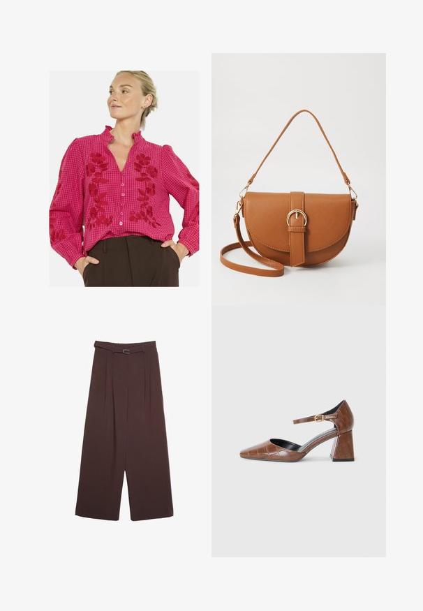 Rosa Karobluse mit floralen Stickereien, Rüschkragen, langen Ärmeln und vorderen Knöpfen. Weicher Stoff mit kontrastierenden roten Akzenten.; Stradivarius WIDE-LEG WITH BUCKLE DETAIL - Stoffhose - dark brown; Braune patentierte Lederpumps mit quadratischer Zehenform, strukturiertem Krokodilmuster, Knöchelriemen mit goldener Schnalle und blockiertem Absatz.; Braune Leder-Crossbody-Tasche mit geschwungener Form, goldfarbenen Beschlägen und einer Schnallenakzentuierung. Verfügt über einen abnehmbaren Schultergurt.