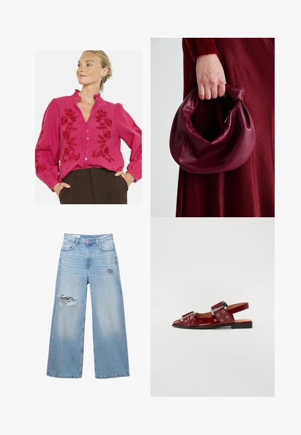 Roza karirana bluzica z rožnato vezenje, naborkanim ovratnikom, dolgimi rokavi in sprednjimi gumbi. Mehka tekstura s kontrastnimi rdečimi detajli.; Svijetloplave široke traperice napravljene od denima, s izlizanim područjima na koljenima i dizajnom s pet džepova. Čista, ravna obruba.; Burgundske patene usnjene čevlje s sprednjim koncem, ki imajo dve prilagodljivi zaponki in srebrne okrasne detajle.; Bordo usnjeni ročni torbici s mehak, nabrana zasnova in okrogla oblika. Ročaj je varen in prikazuje gladko teksturo.; Zlata mrežasta narukvica s crnim okruglim brojčanikom, minimalistični indeksi i srebrna krunica; s logotipom na položaju 12 sati.
