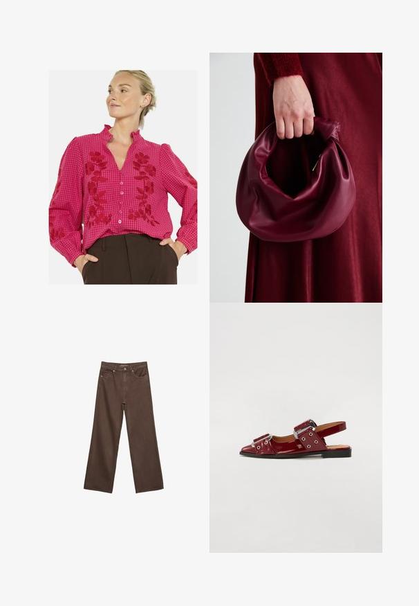 Roza karirana bluzica z rožnato vezenje, naborkanim ovratnikom, dolgimi rokavi in sprednjimi gumbi. Mehka tekstura s kontrastnimi rdečimi detajli.; Široke rjave kavbojke iz denima, ki imajo visok pas, sprednje žepe in klasično zapiranje na gumb. Gladka tekstura s subtilnim šivom.; Burgundske patene usnjene čevlje s sprednjim koncem, ki imajo dve prilagodljivi zaponki in srebrne okrasne detajle.; Bordo usnjeni ročni torbici s mehak, nabrana zasnova in okrogla oblika. Ročaj je varen in prikazuje gladko teksturo.; Zlata mrežasta narukvica s crnim okruglim brojčanikom, minimalistični indeksi i srebrna krunica; s logotipom na položaju 12 sati.