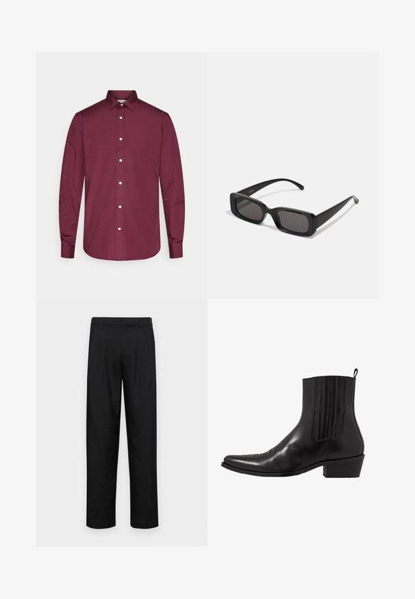 Burgundy színű, hosszú ujjú, gombos ing, pamutból készült, klasszikus gallérral, fehér gombokkal és ívelt szélével. Sima textúrájú, testre szabott fazon.; Fekete nadrág sima anyagból, egyenes szárú fazonnal, két elülső redővel és közönséges derékkal, övhurkokkal.; Fekete bőr ankle boot, hegyes orral, rugalmas oldalpanellel, függőleges varrásokkal és alacsony blokk sarokkal.; Fekete, téglalap alakú napszemüveg sötét lencsékkel, fényes felülettel, széles szárakkal és masszív keret designnal. Az egyik szárra gravírozott márkanevével.