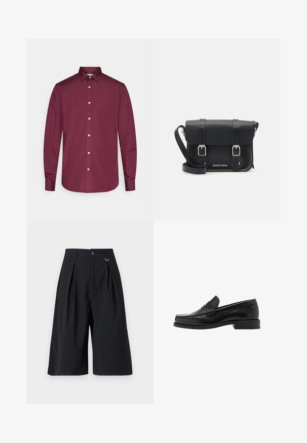 Burgundska dolga srajca z gumbi iz bombaža, klasičnim ovratnikom, belimi gumbi in ukrivljenim robom. Gladka tekstura, prilegajoč kroj.; Črne kratke hlače s črtami, z naborki, gumbom za zapiranje in kovinskim obročkom kot dodatkom. Gladka tkanina s krojem, ki se prilega in dolžino do kolen.; Črne usnjene loafer čevlje z gladko površino, šivani detajli na prstu in nizka peta za udobje in stil.; Črna usnjena torba čez ramo s poklopcem, dvema srebrnima zaponkama, rumenim šivom in nastavljivim trakom. Ima gladko teksturo in kompaktno zasnovo.