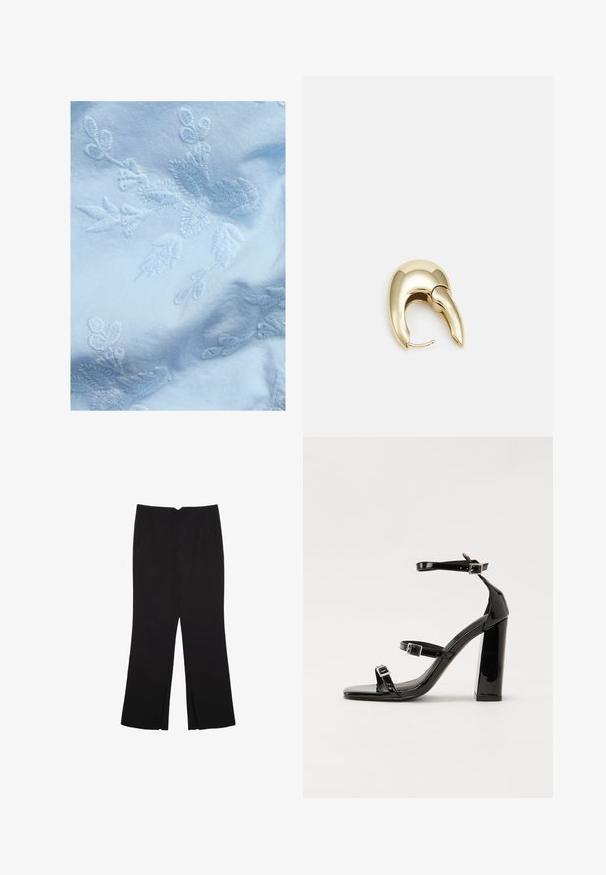 Lys blå stof med indviklet hvid blomsterbroderi, med fine blade og blomster motiver, glat tekstur og blød udseende.; Sorte bukser med lige pasform, der har frontlommer og slidser i kanten. Lavet af blødt, glat stof. Velegnet til forskellige anledninger.; Sorte patenterede hælsandaler med firkantet tå, ankelremme og sølvspænder. Har en chunky blokHæl for stabilitet.; Guldtonet metal ørering med et slankt, buet design. Har en karakteristisk spids form, poleret overflade og hængselåbning.