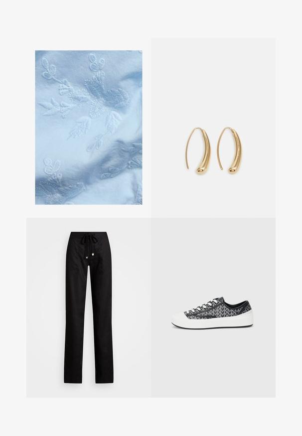 Lys blå stof med indviklet hvid blomsterbroderi, med fine blade og blomster motiver, glat tekstur og blød udseende.; Sorte linnedbukser med et lige ben-design, der har en snoretræk i taljen og to sidelommer. Glat tekstur med en minimalistisk æstetik.; Sorte og grå mønstrede sneakers med hvid gummiforfod og sål, udstyret med sorte snørebånd og et struktureret overdel-design.; Guldfarvede metal hoops øreringe med en bøjet, forlænget form. Har en glat, skinnende overflade og en afrundet spids for ekstra detalje.