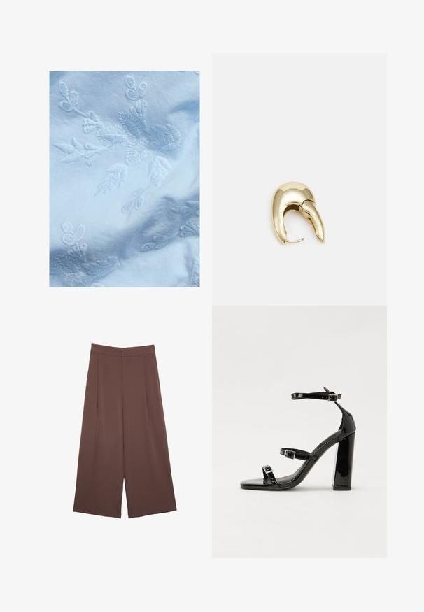 Lys blå stof med indviklet hvid blomsterbroderi, med fine blade og blomster motiver, glat tekstur og blød udseende.; Brune bredbunde bukser med en glat tekstur, der har høj talje og plisseringer foran. Stoffet er let og falder løst.; Sorte patenterede hælsandaler med firkantet tå, ankelremme og sølvspænder. Har en chunky blokHæl for stabilitet.; Guldtonet metal ørering med et slankt, buet design. Har en karakteristisk spids form, poleret overflade og hængselåbning.