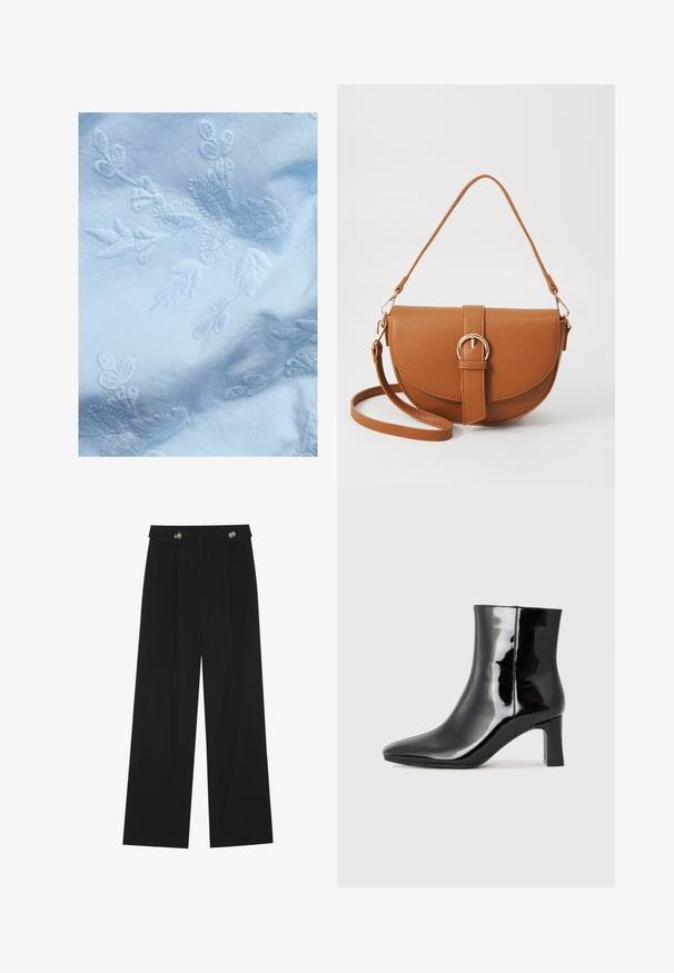 Lys blå stof med indviklet hvid blomsterbroderi, med fine blade og blomster motiver, glat tekstur og blød udseende.; Sorte vide bukser med høj talje, knapdetaljer på taljebåndet og frontfald.; Sort lakeret ankelstøvle med spids tå og en midt-højde blokhæl. Glat tekstur og minimalistisk design.; Brun læder crossbody taske med en buet form, guldfarvet hardware og en spændeaccent. Har en aftagelig skulderrem.; Guldtonet metal ørering med et slankt, buet design. Har en karakteristisk spids form, poleret overflade og hængselåbning.