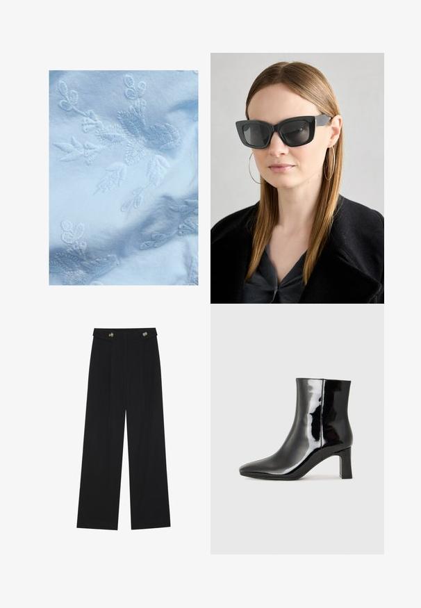 Vaaleansininen kangas, jossa on monimutkainen valkoinen kukka- ja lehtikirjonta, ohuet lehdet ja kukkamotiivit, sileä rakenne ja pehmeä ilme.; Mustat leveälahkeiset housut, joissa on korkea vyötärö, napit vyötärönauhassa ja etupuolella laskokset.; Musta patenttilakattu nilkkuri, jossa on terävä kärki ja keskipitkä lohkarekorko. Silkkinen pinta ja minimalistinen muotoilu.; Mustan kissakuvioisen aurinkolasit tummilla linsseillä, paksuilla kehyksillä ja hillityillä yksityiskohdilla. Yhdistetty mustaan takkiin ja harmaaseen paitoihin, joissa on pitkät suorat hiukset.