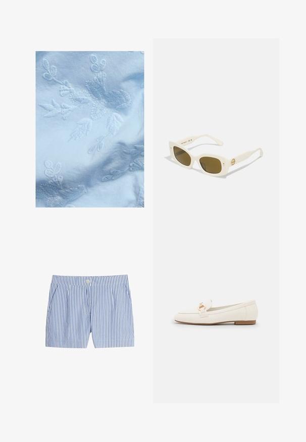 Lys blå stof med indviklet hvid blomsterbroderi, med fine blade og blomster motiver, glat tekstur og blød udseende.; Blå og hvide stribede shorts med knaplukning, plisseer og en glat stofstruktur. Kort længde med sidelommer.; Hvide læder loafers med flad sål, der har en detalje med en guldfarvet spænde og en glat overflade. Klassisk design med enkle linjer.; Hvide plastikski med rektangulær stel, brune linser og et guldaccent på bøjen. Glat tekstur og moderne design.; Guldfarvede, sfæriske øreringe med en skinnende, reflekterende overflade. Designet er enkelt og glat, hvilket skaber et moderne, minimalistisk udseende.