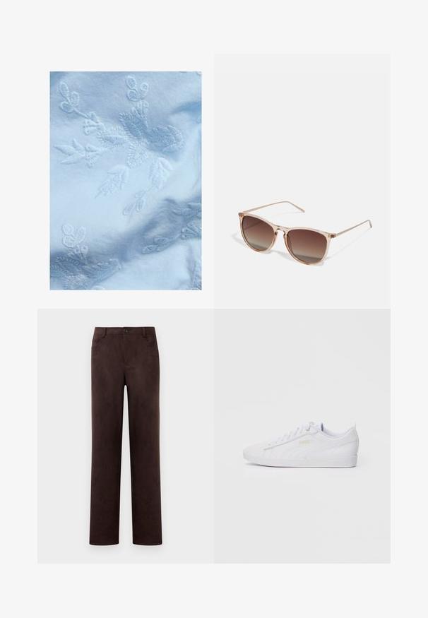 Vaaleansininen kangas, jossa on monimutkainen valkoinen kukka- ja lehtikirjonta, ohuet lehdet ja kukkamotiivit, sileä rakenne ja pehmeä ilme.; Suorat jalat tummanruskeat nahanhousut, joissa on etupainike ja vetoketju, vyölenkit ja sivutaskut.; Valkoinen matalakorkoinen Puma-tenniskenkä, jossa on nyöritys edessä, hienovarainen brändäys sivuilla ja pohjassa, sekä sileä synteettinen päällinen rentoon käyttöön.; Ruskean sävyinen aurinkolasimalli, jossa on läpikuultava vaaleanpunainen runko, neliömäinen muoto ja ohuet metalliset varret. Lasimallissa on pyöristetyt reunat ja minimaalinen yksityiskohtaisuus.; Keltainen pleidattu käsilaukku, joka on valmistettu sileästä keinonahasta. Laukussa on pehmeä muoto, yksittäinen olkahihna ja rypytetty yläosa.