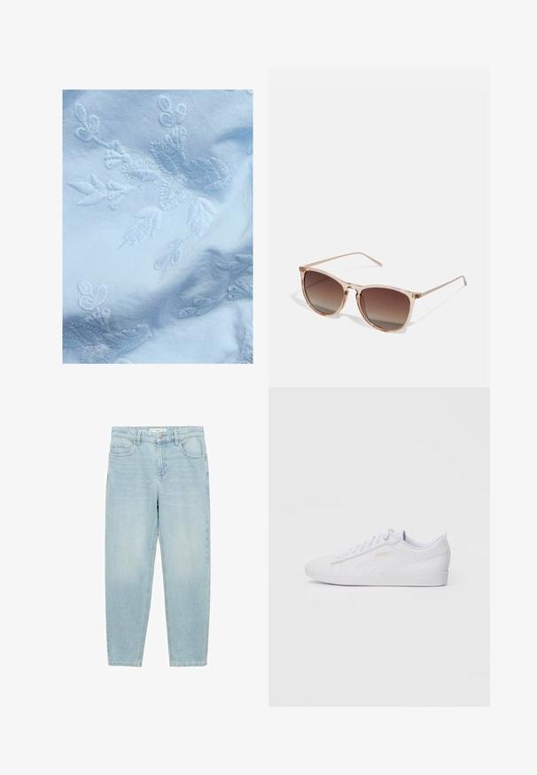 Lichtblauwe stof met ingewikkelde witte bloemenborduurwerk, met delicate bladeren en bloesemotieven, een gladde textuur en een zachte uitstraling.; Lichtblauwe denim jeans met een recht model, vijf-pocket ontwerp, knopen sluiting aan de voorkant en een licht vervaagde textuur.; Witte lage Puma sneakers met gevlochten veters, subtiele branding aan de zijkant en onderzijde, en een gladde synthetische bovenkant voor casual gebruik.; Bruine gradient zonnebril met een doorzichtig roze montuur, vierkante vorm en dunne metalen armen. Heeft afgeronde hoeken en minimale details.