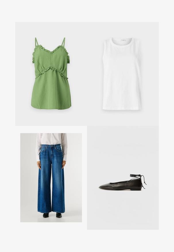 Roheline ilma varrukateta topp, millel on volangidega rihmad, tekstureeritud kangas ja kogutud talje. Omab V-kaelust ja voogavat siluetti.; Valge ilma varrukateta topp, mis on valmistatud pehmest puuvillast. Omab ümmargust kaelust ja sirget lõiget. Ühevärviline disain, ilma nähtavate mustrite või aktsentideta.; Sinine laiemate säärega teksapüksid kõrge vöökohaga, valmistatud denimist, kus on ees taskud ja nööbiga kinnitamine. Sile tekstuur klassikalises pesus.; Must mustast balletijalatsid, millel on terav nina, pahkluu seotud ja lame tall, sujuva tekstuuri ning minimalistlik disain.