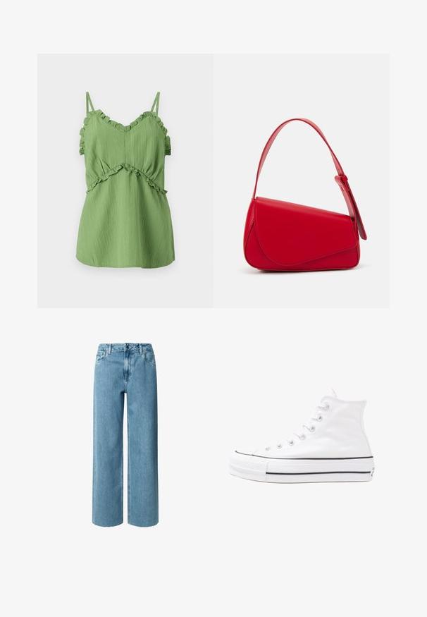 Žalia be rankovių palaidinė su ruffles petnešėlėmis, tekstūruotas audinys ir susiraukšlėjusi liemens linija. Pasižymi V formos iškirpte ir laisva siluetu.; Mėlynos džinsinės plačių kojų kelnės su aukšta liemens linija, su diržo kilpomis, užtrauktuku ir sušalusiomis apyrankėmis. Audinys yra minkštas ir lygus.; Balti aukštakulniai drobės sportbačiai su juodu guminio pado, priekinio guminio piršto dangteliu ir šešiais akytėmis raištams, pasižymintys švariu, minimalistiniu dizainu.; Raudona odinė rankinė su kampuota, geometrine forma. Pasižymi viena reguliuojama dirželiu ir dangteliu su siuvinėtais dekoracijomis.