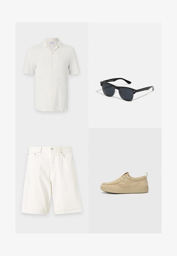 Kortarmig overhemd van textuur in witte stof, met een sprekende kraag, knopen aan de voorkant en een subtiel golvend patroon over het oppervlak.; Witte denim shorts met een recht model, voorzien van riemlussen, een ritssluiting en twee voorzakken. Gladde textuur en eenvoudig ontwerp.; Beige suede instappers met een ronde neus, minimale stiknaden en een rubberen zool. Zachte structuur met een subtiele merkaccent bij de hak.; Zwarte zonnebril met een rechthoekige vorm, donkere lenzen, zilveren accenten bij de slapen en een matte afwerking op het montuur.