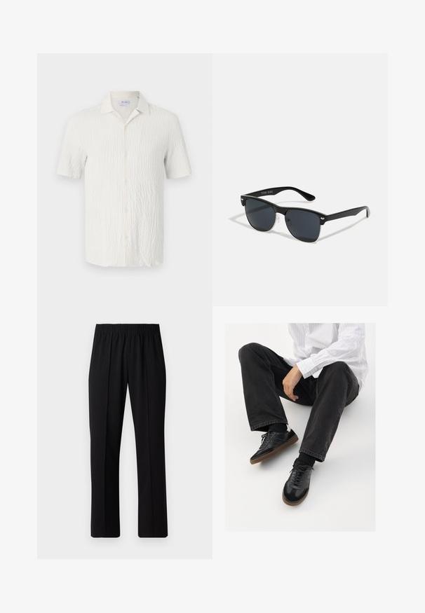 Īsām piedurknēm krekliņš no strukturētas baltas auduma, ar izplatītu apkakli, pogu priekšpusi un smalku viļņainu rakstu uz virsmas.; Melni elastīgi bikses ar taisnas kājas dizainu, ar gludu tekstūru un bez redzamām zīmēm vai detaļām.; Melnas sporta kurpes ar gludu un teksturētu virsu, apgādātas ar gumijas zoli un tumšiem auklām. Saskaņotas ar melniem džinsiem un baltu svītrainu krekls.; Melnas saulesbrilles ar taisnstūra formu, tumšiem stenģiem, sudraba akcentiem pie tempļiem un matētu apdari uz rāmja.