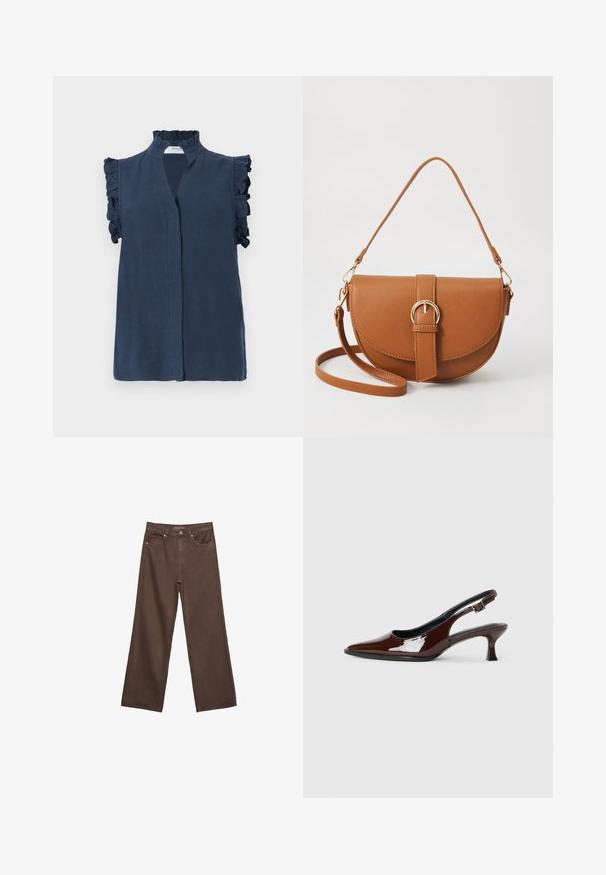 Granatowa bezrękawnikowa bluzka z wysokim, falbanastym kołnierzem i falbanami na ramionach, wykonana z lekkiego materiału.; Szerokie brązowe dżinsy wykonane z denimu, z wysokim stanem, przednimi kieszeniami i klasycznym zapięciem na guzik. Gładka faktura z subtelnym przeszyciem.; Brązowe lakierowane skórzane buty na obcasie typu slingback z ostrym noskiem i umiarkowanym obcasem. Posiadają pasek z klamrą dla zapewnienia stabilnego dopasowania. Gładka tekstura.; Brązowa skórzana torba na ramię o zaokrąglonym kształcie, ze złotymi akcentami i zapięciem w formie klamry. Posiada odpinany pasek na ramię.
