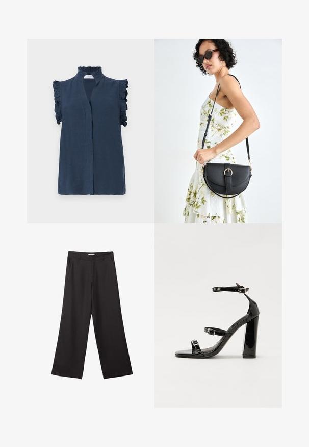 Blusa senza maniche blu navy con un alto colletto arricciato e dettagli arricciati sulle spalle, realizzata in un tessuto leggero.; Pantaloni neri a gamba larga realizzati in tessuto liscio, con zip frontale e due tasche laterali, dal taglio sartoriale e design minimalista.; Sandali con tacco in vernice nera, con punta squadrata, cinturini alla caviglia e fibbie in argento. Presentano un tacco a blocco spesso per maggiore stabilità.; Borsa a tracolla nera in pelle con una forma curva, manico rimovibile e accessori dorati. La borsa presenta una patta con un dettaglio a fibbia.