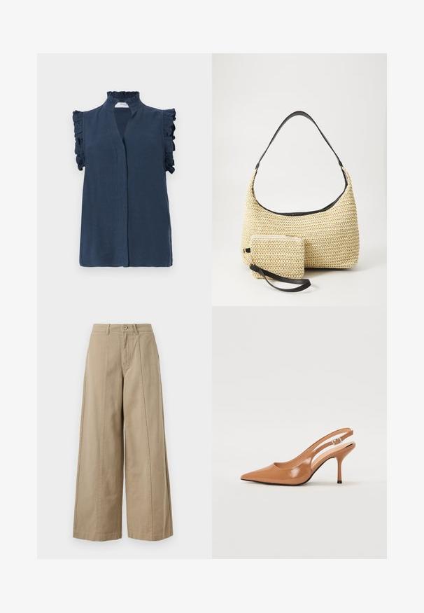 Granatowa bezrękawnikowa bluzka z wysokim, falbanastym kołnierzem i falbanami na ramionach, wykonana z lekkiego materiału.; Beżowe spodnie szerokie wykonane z mocnej bawełny, z zapięciem na guzik, szlufkami na pasek oraz gładkim przodem bez widocznych kieszeni.; Sandały na obcasie z kwadratowym noskiem, wykonane z gładkiego, błyszczącego materiału w kolorze brązowym. Charakteryzują się zaokrąglonym wycięciem i smukłym obcasem typu stiletto. Detal w postaci srebrnej klamry.; Woven straw handbag o zaokrąglonym kształcie, z gładkim czarnym skórzanym paskiem oraz dopasowaną małą sakiewką przypiętą na pasku na nadgarstek.
