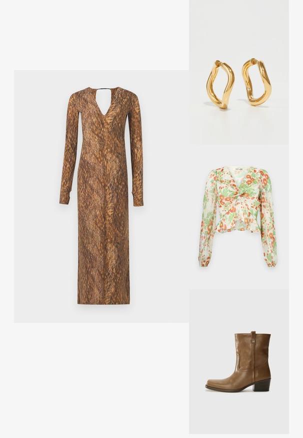 Diane von Furstenberg MARY - Button-down blouse - marlene batik ivory; Long-sleeve dress with a V-neck and keyhole back, featuring a fur-like brown texture and pattern throughout the fabric.; Brown leather ankle boot with a square toe, textured finish, and a low stacked heel. Features a rear pull tab and subtle stitching details.; Brown crocodile-embossed leather bag with a cylindrical shape, gold-tone hardware, and a detachable strap featuring studs.; Gold-colored hoop earrings with a curved, irregular shape and a smooth, polished texture. No visible hardware or accents.