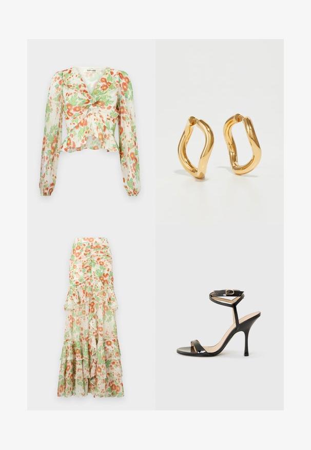 Diane von Furstenberg MARY - Blúzka so zapínaním na gombíky - marlene batik ivory; Kvetinová maxi sukňa s krémovým pozadím, potlačou oranžových a zelených kvetov, volánkovými vrstvami a priliehavým vypracovaním v páse.; Čierne lakované sandále na vysokom opätku s tenkým remienkom na členku a prackou, otvorenou špičkou a štíhlym stiletto opätkom na bielom pozadí.; Zlaté kruhové náušnice s zakriveným, nepravidelným tvarom a hladkým, lesklým povrchom. Bez viditeľného hardvéru alebo akcentov.