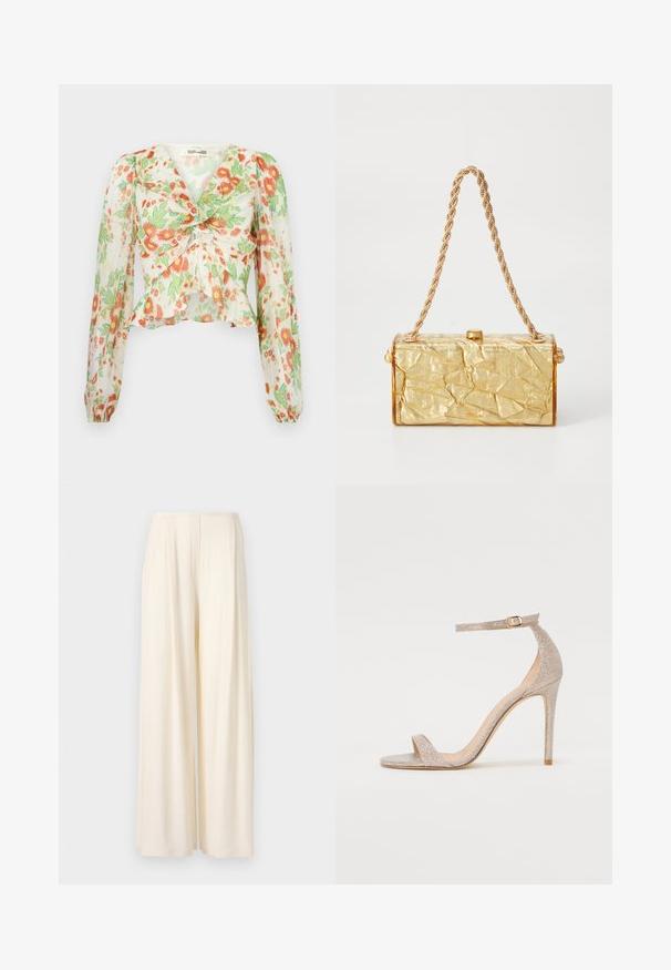 Diane von Furstenberg MARY - Blus - marlene batik ivory; Norma Kamali MENS PLEAT - Tygbyxor - cream; Remmar högklackad sandal i metallisk roséguld, med en strukturerad ovandel, öppen tå och ankelrem med en guldbuckle detalj.; Handväska i guld med skrynklig textur och rektangulär form, försedd med en kedjestrap och ett spänne på toppen. Slät, glänsande yta.
