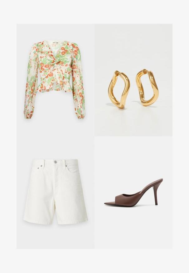 Diane von Furstenberg MARY - Užsagstoma palaidinė - marlene batik ivory; Balti džinsai šortai su tiesiu kirpimu, penkių kišenių dizainu, priekiniu mygtukų užsegimu, sidabro spalvos detalėmis ir siuvinėtais akcentais.; Rudi odos atviri aukšti kulniukai su elegantišku dizainu, turinčiu plačią priekinę juostą ir siauromis stiletto kulkšnimis.; Auksinės spalvos lankinės auskarai su kreiviu, nereguliariu siluetu ir sklandžiu, blizgiu paviršiumi. Nėra matomų detalių ar akcentų.