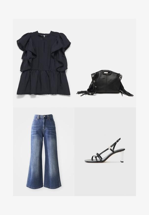 MUNTHE UFOLIA - Bluse - black; Bredde ben denimjeans i mellemblå, med høj talje, fem lomme-design og kontraststing langs sømmene og siderne.; Sorte hælede sandaler med flere smalle remme, et slingback-design og en sølvaccent på hælen. Glat overflademateriale og firkantet hæl.; Maje MISS MINI - Skuldertasker - noir
