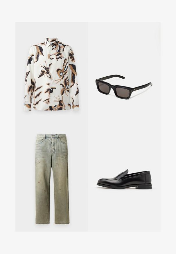 Majica z dolgimi rokavi v kremni barvi z cvetličnim in metuljnim vzorcem. Ima ovratnik s gumbi, sprednje gumbe in sproščen kroj.; Utrujeni denim kavbojke v svetlo zeleni barvi, s ravnimi nogavicami, petimi žepi in neenakomernim bledenjem ter madeži barve.; Črne usnjene loafer čevlje z gladko teksturo, zaobljenim nosom in dekorativnim trakom čez zgornji del. Nizka zložena peta, minimalističen dizajn.; Črne pravokotne sončna očala s temnimi lečami, debelim plastičnim okvirjem, zlatimi detajli na templjih in izgravirano blagovno znamko na ročaju.
