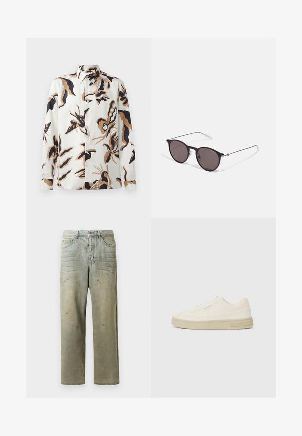Camisa de manga larga en color crema con un patrón de flores y mariposas. Cuenta con cuello abotonado, botones en la parte delantera y un corte relajado.; Jeans de mezclilla desgastados en verde claro, con corte recto, diseño de cinco bolsillos y decoloración desigual con manchas de pintura.; Zapatillas de lona blancas con suela de goma texturizada, que cuentan con una puntera cosida y un acento de logo en el talón. Diseño simple de cordones.; Gafas de sol redondas negras con lentes oscuros y brazos metálicos delgados. Incluye puntas de varilla transparentes y acentos plateados en la bisagra. Diseño minimalista.