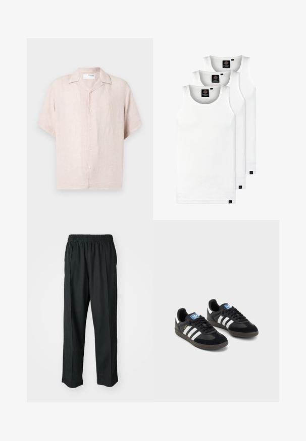 Koszula lniana z krótkim rękawem w jasnoróżowym kolorze, z kołnierzykiem, z przodu zapinana na guziki i o subtelnej teksturze. Posiada luźny krój i przejrzyste linie.; Trzy białe prążkowane koszulki na ramiączkach wykonane z bawełny. Posiadają okrągły dekolt i małe czarne metki blisko dolnego brzegu. Dostępne w różnych rozmiarach.; Czarne spodnie sportowe z elastycznym pasem, wykonane z gładkiego materiału, z subtelnym przeszyciem po bokach i luźnym krojem, prostą nogawką.; Czarne sneakersy z zamszową i syntetyczną cholewką, wyposażone w trzy białe paski, teksturowaną gumową podeszwę oraz niebieską metkę z logo na języku.