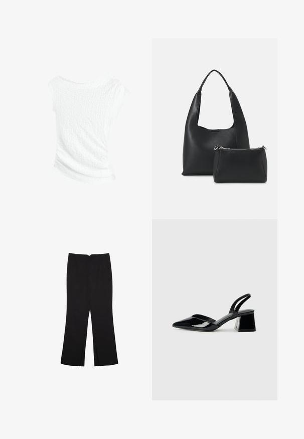 Weißes, strukturiertes Oberteil mit einem schulterfreien Design, das eine leicht zerknitterte Optik und eine drapierte Silhouette für einen lässigen Sitz aufweist.; Schwarze Hose mit geradem Schnitt, ausgestattet mit Fronttaschen und Seitenschlitzen am Saum. Hergestellt aus weichem, glattem Stoff. Geeignet für verschiedene Anlässe.; Schwarze Lackleder-Slingback-High Heels mit spitzem Schuh und einem geometrischen Blockabsatz. Verfügt über ein schlankes, minimalistisches Design und eine glatte Textur.; Even&Odd SET - Handtasche - black