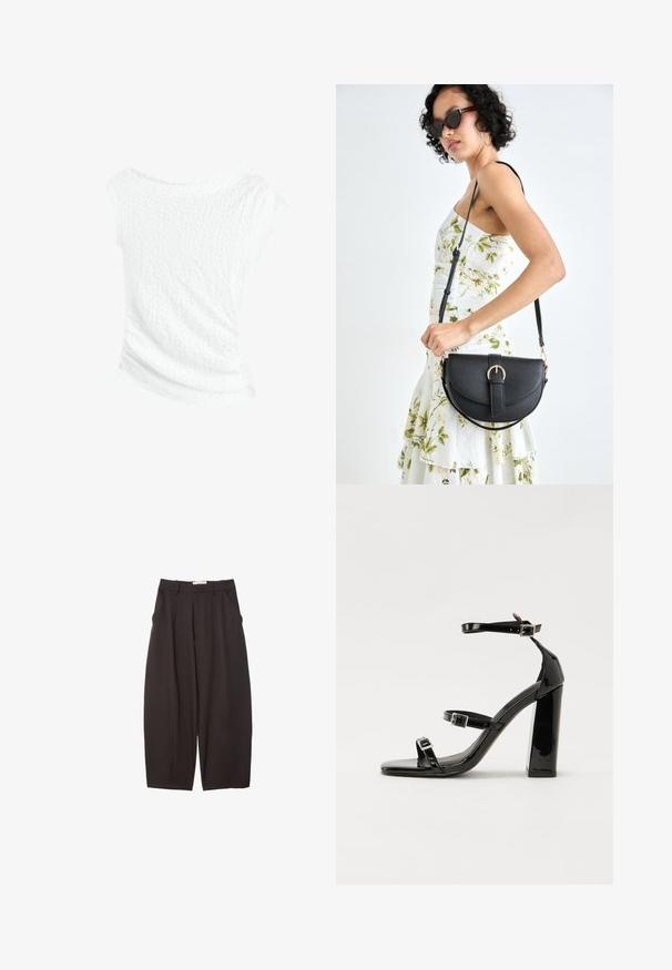 Witte textuurtop met een off-the-shoulder ontwerp, met een licht gekreukt uiterlijk en een gedrapeerde silhoutte voor een comfortabele pasvorm.; Zwarte wijde broek gemaakt van een gladde stof, met een hoge taille, voorplooien en zijzakken. Eenvoudig ontwerp zonder versieringen.; Zwarte gepatenteerde sandalen met hak en een vierkante neus, enkelbandjes en zilveren gespen. Heeft een stevige blokhak voor stabiliteit.; Zwarte leren handtas met een gebogen vorm, afneembare schouderband en gouden hardware. De tas heeft een klep met een gespsluiting.