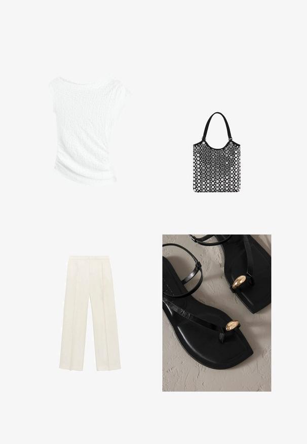 Top bianco con texture e design scollato sulle spalle, caratterizzato da una finitura leggermente stropicciata e una silhouette drappeggiata per un fit rilassato.; Pantaloni a gamba larga di un leggero colore crema. Realizzati in un tessuto morbido con pieghe sul davanti e tasche laterali.; Sandali neri piatti con una finitura lucida, caratterizzati da cinturini sottili e un accento metallico dorato. Design minimalista e texture liscia.; Borsa tote bianca e nera con parte superiore arrotondata, caratterizzata da un motivo a bolle, realizzata in materiale morbido e dotata di due robuste maniglie in tessuto.