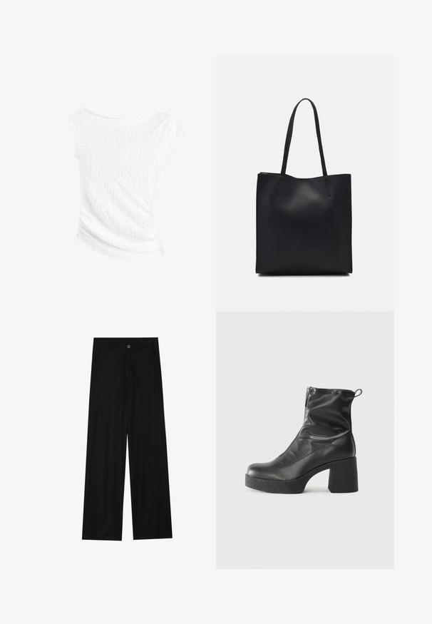 Bijela teksturirana majica s dizajnom s naglaskom na rame, s blago naboranom završnom obradom i drapiranim krojem za opušteni izgled.; Široke crne hlače izrađene od glatkog materijala, s prednjim džepovima i kopčanjem na gumb u struku. Minimalistički dizajn bez uzoraka.; Crne gležnjače od glatke kože, s bočnim zatvaračem, debelim teksturiranim potplatom i dizajnom s zaobljenim prstima.; Crna kožna torba za nošenje s glatkom teksturom, pravokutnim oblikom i dvije duge ručke. Nema vidljivih metalnih dijelova ili ukrasa.